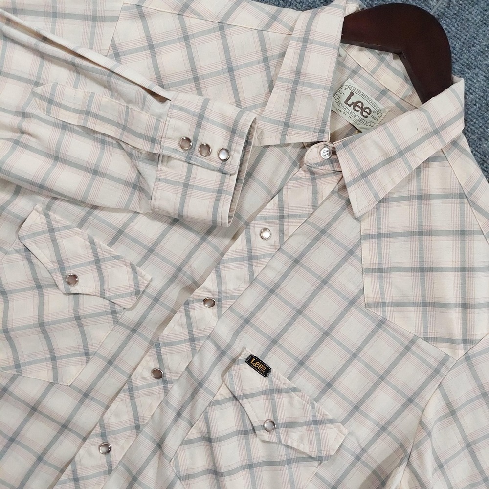 Vintage Lee Shirt Mens Large Beige Plaid Long Sleeve Snap Western Cowboy USA